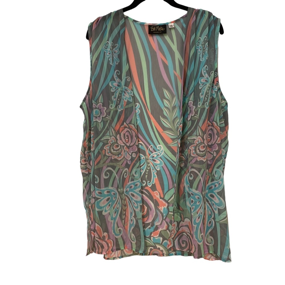 Bob Mackie Wearable Art Gray Colorful Abstract Floral Silk Vest Vintage Sz 1X